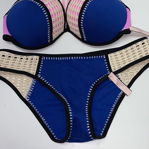 🔥🏖VICTORIA SECRET  swimsuit The Fabulous/The strappy cheeky  blue/purple New - Picture 4 of 7